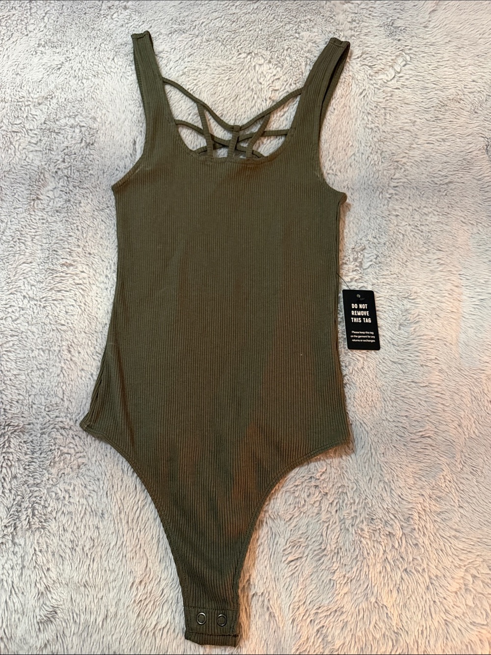 Express Olive Green Ribbed Tank Bodysuit with Strappy Back